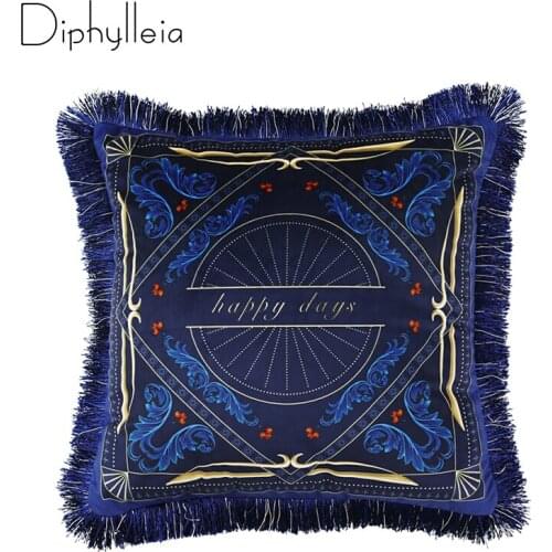 Diphylleia Byzantium Style Cushion Cover Dark Royal Blue Plant Deformation Velvet Tassels Throw Pillow Case Luxury Home Decor