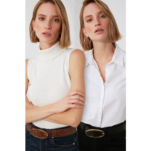 Trendyol Black and Brown 2'li Package Buckled Kroko Leather Look Belt TWOAW21KE0074