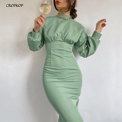 Long Dresses For Women Party Fashion Green Elegant Ladies Long Sleeve Knitted Corset Slim Clothes Fall Autumn New Arrival 2021