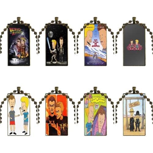 For Men Women Party Gift Beavis And Butt-head Necklace With Bronze Plated Glass Cabochon Choker Long Pendant Rectangle Necklace