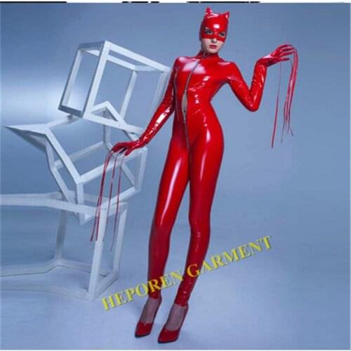 Cat Girl Jumpsuit Faux Leather Bodycon Bodysuit Sexy Cat Eyes/Great Elastic Glitter PU Leather Catsuit With Long Paws