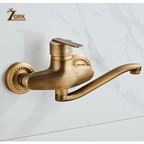 ZGRK Wall Mounted Bathtub Antique Brass Bathroom Basin Mixer Faucet Sink Tap Hot & Cold Water Mixer Laundry Faucet
