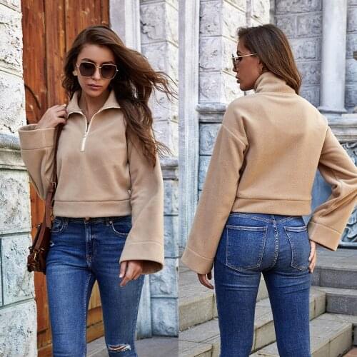 Autumn Ladies Turn-down Collar Zipper Long Sleeve Thick Warm Top Fleece Sweatshirt Women Solid Color Casual Loose Short Pullover
