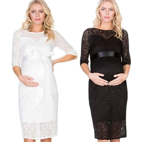 Maternity dress 2019 spring and summer new season Round neck cropped sleeves lace maxi skirt