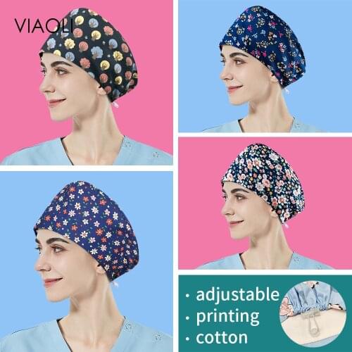 Unisex Lab Dust Proof Scrubs Cap Flower Printing Scrubs Women Work Hat for Long Hair Nutritionist Work Hats with Sweat-absorbent
