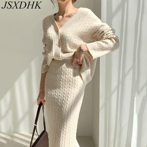 JSXDHK Chic Autumn Winter Sweater 2 Piece Set Women V Neck Knitted Twisted Loose Cardigan + High Waist Split Pencil Skirts Suit