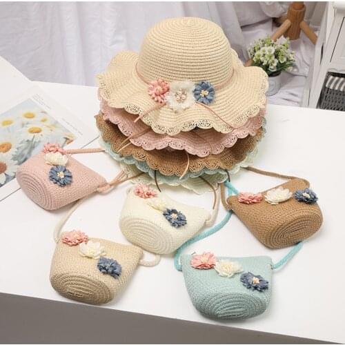 Summer Baby Flower Breathable Hat Straw Hat With Handbag Bags Kids Hat Boy Girls Sun Visor UV protection panama Hat gorras