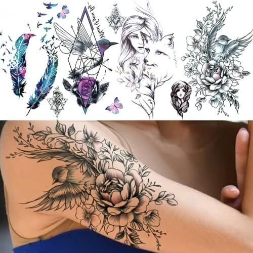 Bird Flower Temporary Tattoos For Women Adults Fake Feather Fox Wolf Tattoo Sticker Geometric Hummingbirds DIY Tatoos Realistic