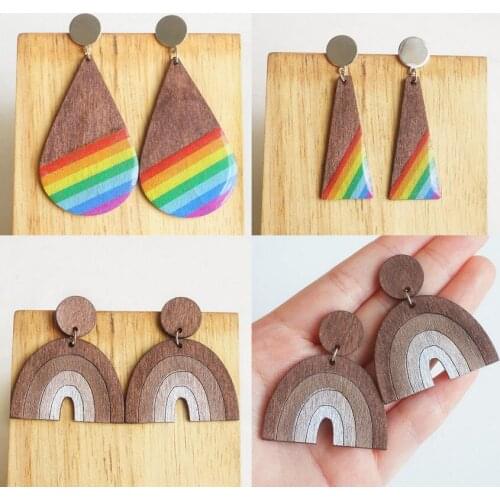 Epoxy Resin Embellished Wood Rainbow Earrings for Women Fashion Geometric Natural Wooden Bohemian Earrings Wholesale