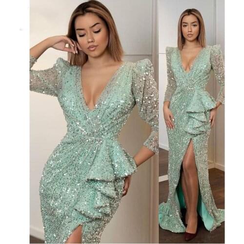 Sparkly prom dresses 2021 deep v neck long sleeve side slit mermaid green evening dress