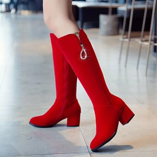 Women Knee-length Boots Round Toe Thick High Heel Zipper Flock Elegant Shoes Female Footwear Winter Size 33-43