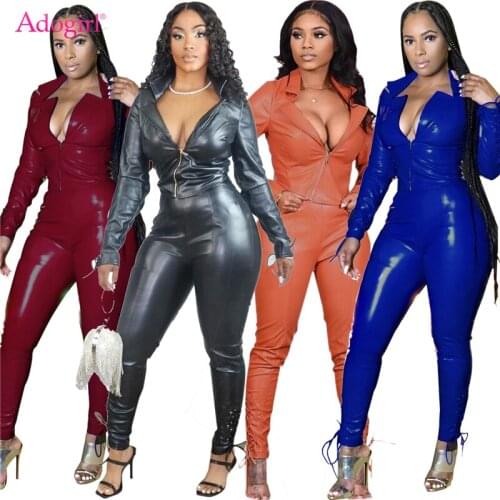 Adogirl Women Fleece Soft PU Leather Two Piece Set Grommet Lace Up Zipper Long Sleeve Short Jacket Top Pencil Pants Fashion Suit