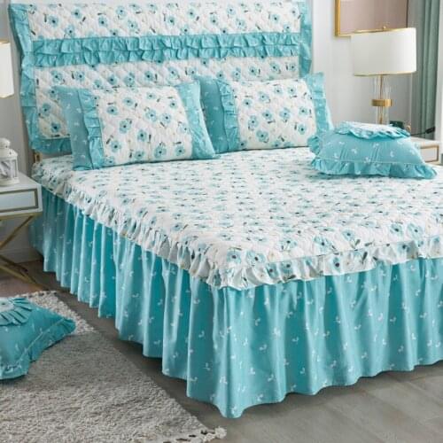 2020 new products Cotton quilting printing Bed spread Fitted Sheet Pillowcases 2/3 pcs Luxury Princess Pleated lace bedding