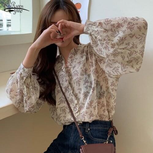2021 New Korean Summer Floral V-neck Chiffon Shirts Women Office Loose Lantern Sleeve Cardigan Women Blouse Print Blusas 10116