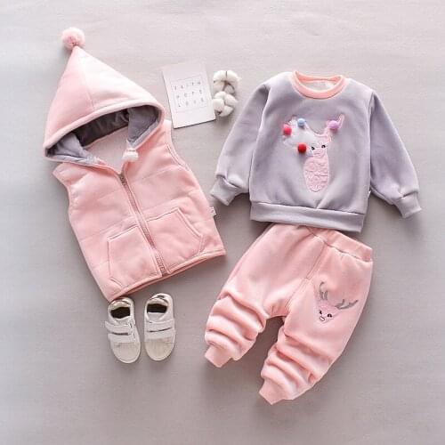 Children Clothes Girl Boy Sets Autumn Winter Kids Cartoon Thickening Suit Hooded Vest+Sweater+Pants 3Pcs Baby Plus Velvet Outfit