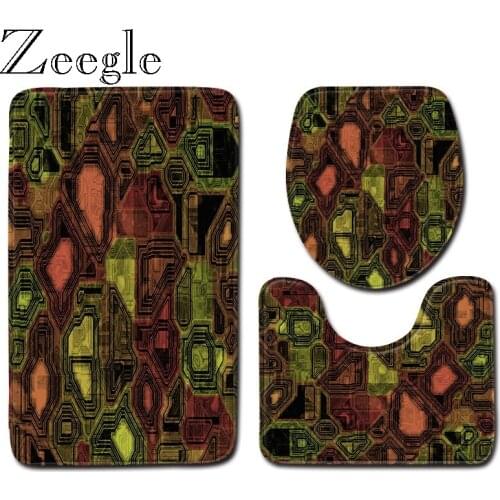 Zeegle 3Pcs Bath Mats Bathroom Carpet Modern Geometric Pattern Floor Mat Set Anti Slip Microfiber Rug Toilet Seat Cover Set