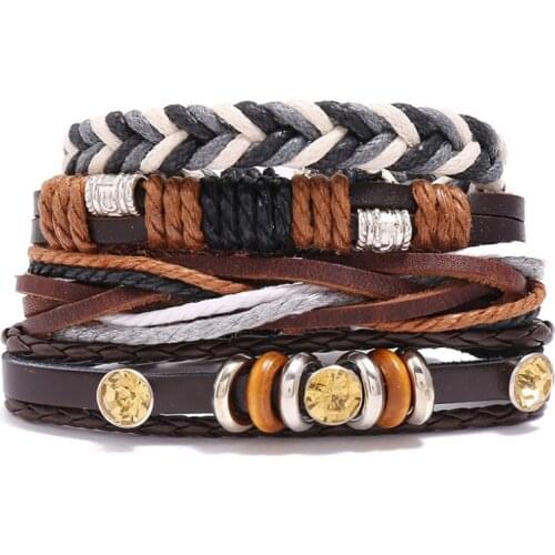 4PC Vintage Fashion Multi-layer Bracelets Set Ethnic Weave Leather Wristbands Crystal Beads Charm Wrap Bangle Retro Jewelry Gift