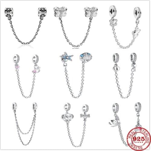 925 sterling silver shiny dog starfish cat safety chain bead fit pandora charms silver original bracelet DIY jewelry for women
