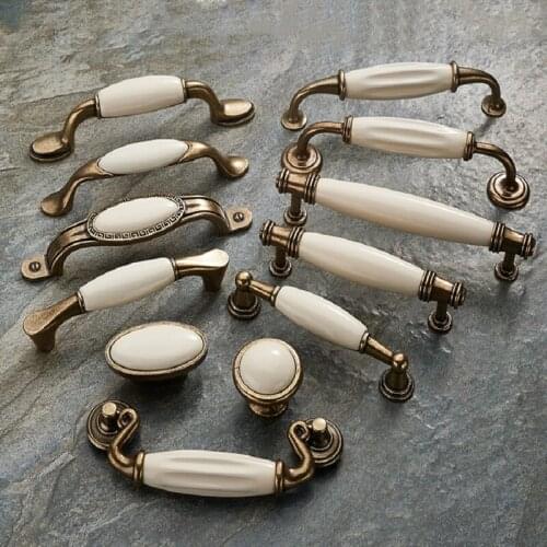 Antique Bronze Ceramic White Cabinet Handles Zinc Alloy Drawer knobs Wardrobe Door Handle Simple European Furniture Hardware