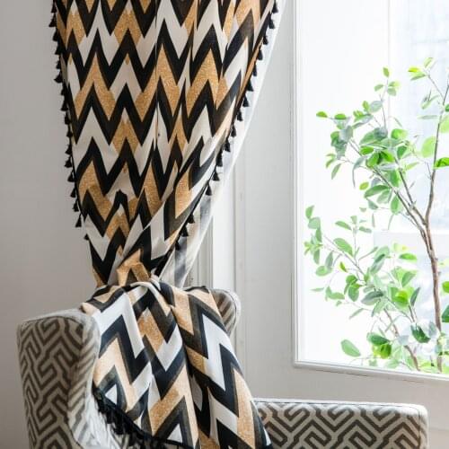 Bohemian Wave Style with Black Tassel Windows Curtain for Living Room Home Decor Semi-Blackout Cotton Linen Blend Farmhouse