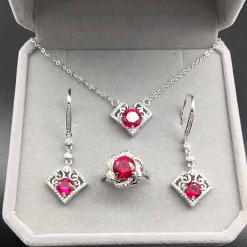 ECHSUN Creative New Ladies Ruby Red Corundum Set Gift Box Korean Ring Necklace Earring 3 Piece Set Girlfriend Mothers Day Gift