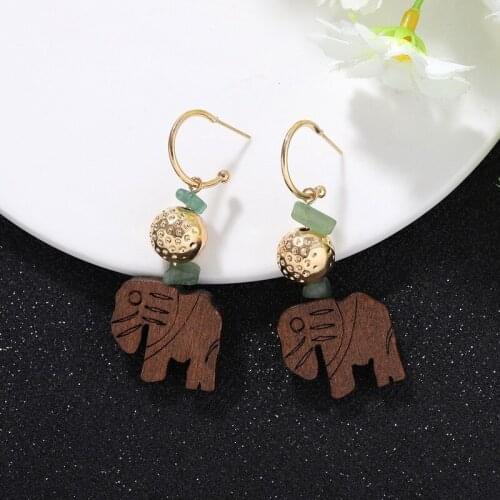 Creative Artificial Stone Splice Wood Earrings Wooden Carved Elephant Long Dangle Earrings Women Cute Fashion Jewelry Chic Gifts