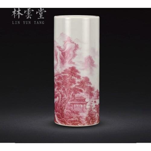 Lin Yuntangs hand-painted agate red mountain guanyunshui pen holder Jingdezhen handmade ceramic stationery decoration