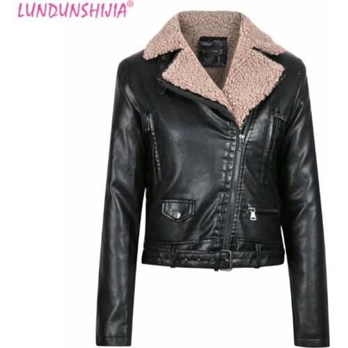 LUNDUNSHIJIA 2019 New Autumn Winter Womens Washed PU Leather Jacket Faux Wool Inside Of Ladies Basic Jackets High Quality
