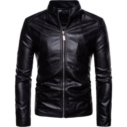 Men Faux Leather Solid Color Stand Collar Long Sleeve Zip Motorcycle Jacket Coat