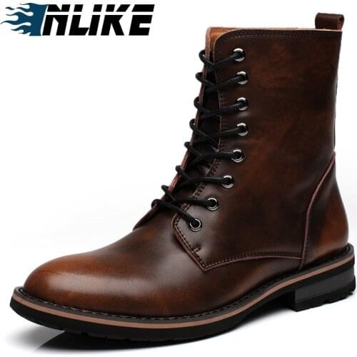 INLIKE Men Motorcycle Boots Genuine Leather Cool Rivet Combat Army Men Boots Punk Goth Biker Men Leather Shoes