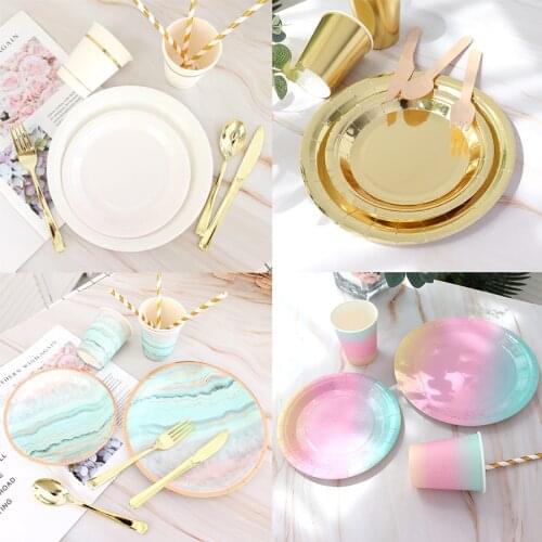 Golden Rose Party Disposable Tableware Set Banquet Table Decoration Paper Cup Dinner Plate Straw Wedding Birthday Party Supplies