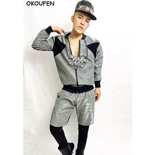 New style Male Fashion Cool pink glitter Silver Baseball Jacket Nightclub bar DJ singer performance clothing