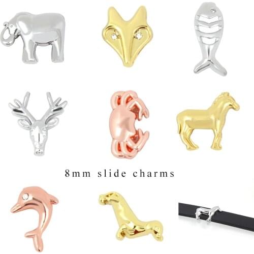 10pcs/lot Internal Dia 8mm Wolf Horse Deer Dolphin Fish Slide Charm DIY Accessories fit 8mm wide belt pet collar