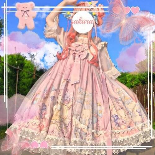 Victorian Japanese Lolita Party Bear Bowknot Princess Tea Party Lolita Dress Jsk Sweet Kawaii Sleeveless Dress Summer