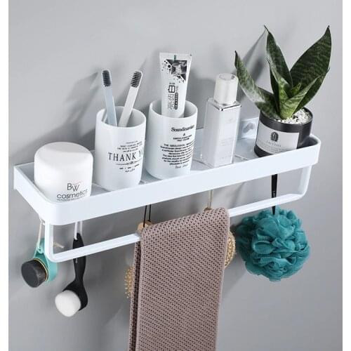 Bathroom Shelf Bath Shower Shelf With Towel Bar White Corner shelf 30-50CM Wall Mounted Black Aluminum Kitchen Storage holder