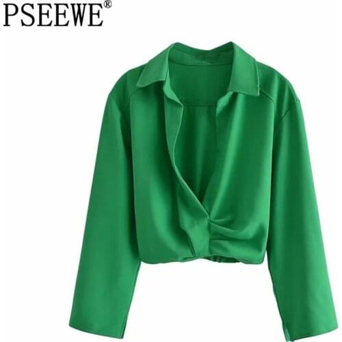 PSEEWE Za Women Shirt 2021 Green Crop Top Female Fashion Ruched Long Sleeve White Summer Tops Pleats Elegant Chic Woman Blouse