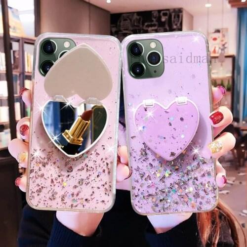 Luxury Love Heart Makeup Mirror Girl Glitter Phone Case For iPhone 11 12 Pro Max XR XS X 7 8 6 6s Plus 5 5S SE Cover Holder