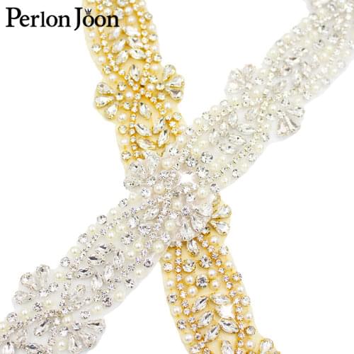 Handmade rhinestone trim band Hot Fix Sewn bridal accessories the Sash gold pearl Crystal Applique for Wedding Dress belt WH044
