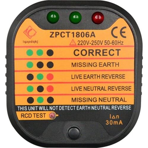 ZPCT1806A Outlet Socket Tester Detector Circuit Polarity Voltage Plug Breaker UK Ground Zero Line Switch Safety Electroscope