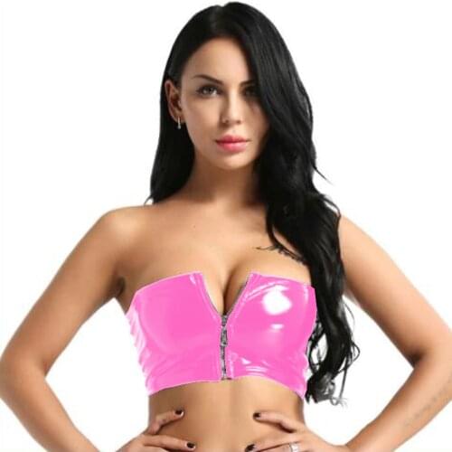 Wet look Latex Top Front Zipper Plus Size hest Tube Top Women Summer Nightclub Dancing Mini Tops Streetwear Sexy Bodycon T-shirt