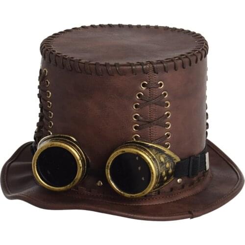 Unisex Vintage Steampunk Fedora Victorian Brown PU Top Hat With Goggles Halloween Cosplay Hats