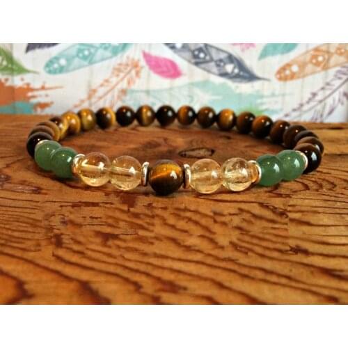 8MM Beads Green Aventurine Yellow Quartz & Tiger Eye Stone Bracelet Wrist Mala Yoga Mala Bracelet Stress Relief Mens Jewelry