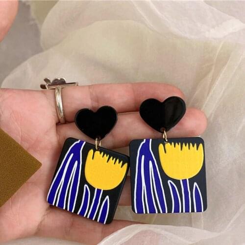 Yellow Tulips Earrings Flowers Earrings Women Jewelry Eardrop Dangle Acrylic Printed Geometric Color