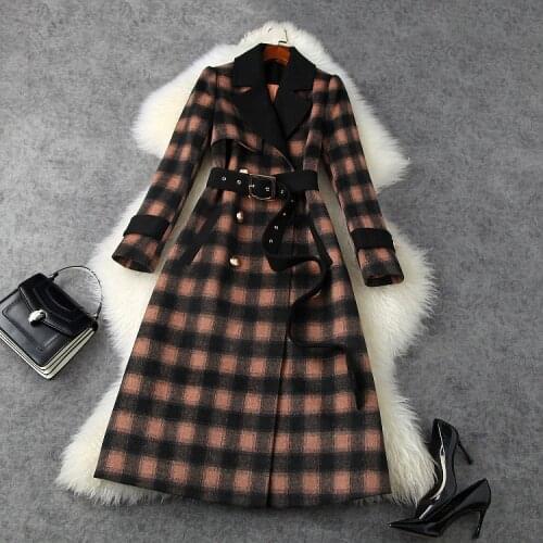 European and American womens wear 2020 winter new style Long-sleeved suit double breasted collar Fashion belted woolen coat