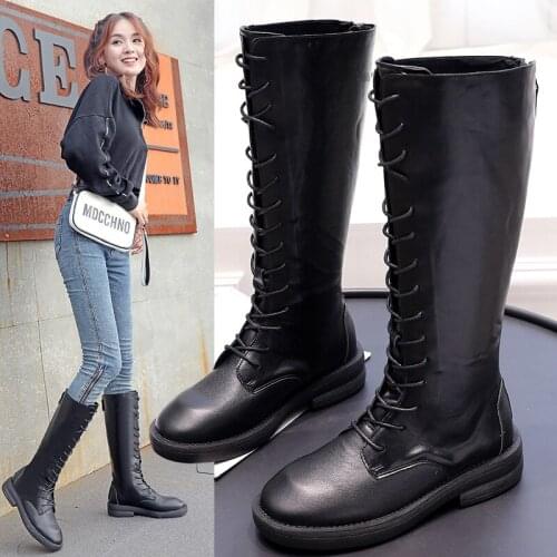 Mid Calf Women Boots Knee High Lace Up Genuine Leather Cow Soft Black Punk Motorcycle Platform Heel Boots Comfortable