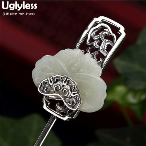 Uglyless Antique Retro Natural Jade Jasper Butterfly Hair Decorations for Women 925 Silver Pins Hair Sticks Thai Silver Insects