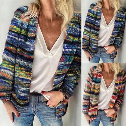 2021 New Fashion Women Sweater Rainbow Stripes Temperament Autumn Winter Long Sleeve Knitted Cardigan Coat for Office Jacket