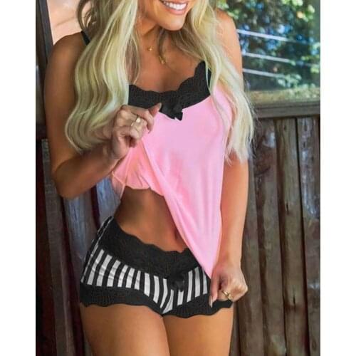 2020 Women Sleepewear Sexy U-Neck Spaghetti Strap Colorblock Patchwork Lace Trim Bowknot Decor Cami Set Striped Plaid Print