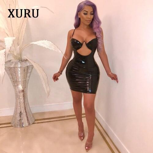 XURU Sexy leather dress black red PU openwork club dress sleeveless back zipper womens sling wrapped chest bag hip dress