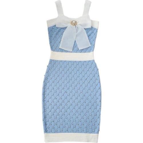 High Quality 2021 Summer Runway Slim-fit suspender knitted dress Women Studded stretch ice silk knit dress Casual